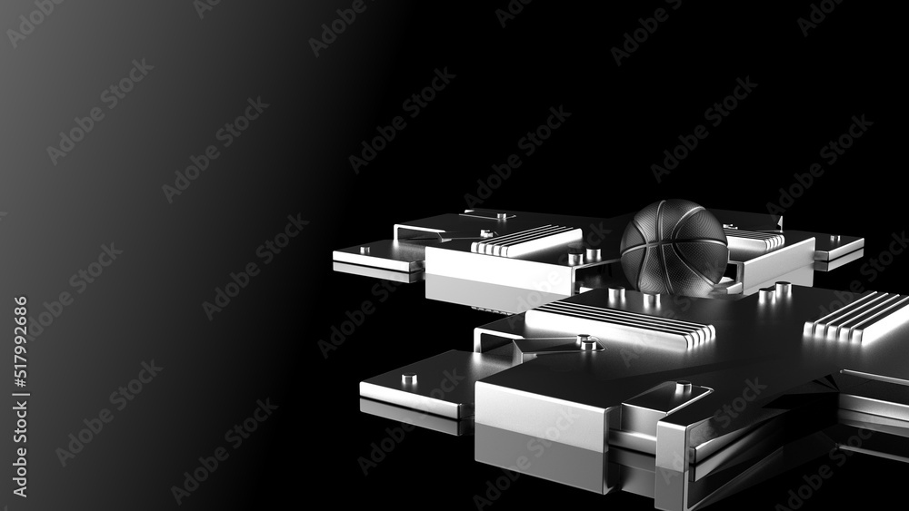 Black-Silver Basketball on Metallic Silver Titanium Plates. 3D illustration. 3D CG. High resolution.