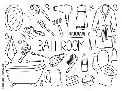 Hand drawn set of Bathroom doodle. Towel, bathrobe, shower, bathtub, mirror in sketch style. Vector illustration isolated on white background.