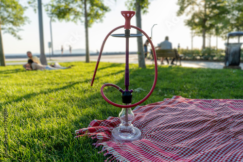Fototapeta Naklejka Na Ścianę i Meble -  hookah in the park on picnic blanket, sunset background.