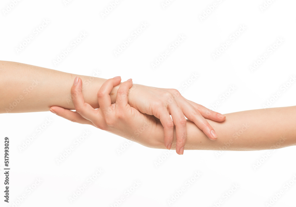 human hands on a white background isolated. hands indicate support hold care resist compete.