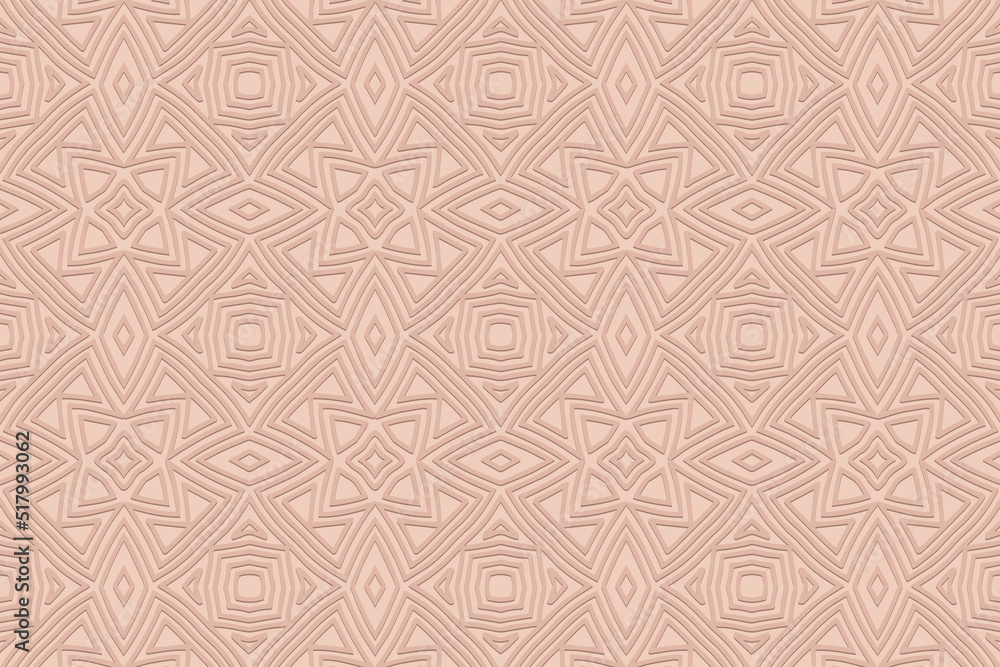 Embossed pink background, ethnic cover design. Geometric 3D pattern, unique texture. Tribal artistic ornaments of the East, Asia, India, Mexico, Aztecs, Peru. Art deco style.