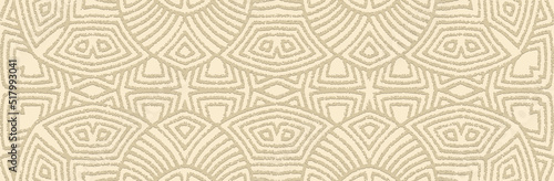 Banner, creative cover design. Embossed ethnic vintage 3D pattern on a light background, art deco style. Tribal artistic geometric ornaments for websites, presentations.
