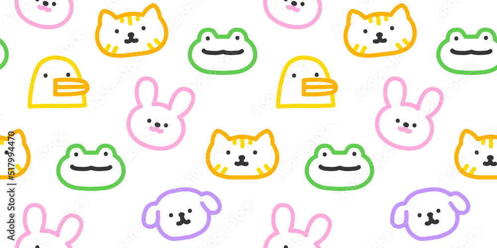 Colorful funny animal face doodle seamless pattern. Cute happy animals in simple children art style background illustration.