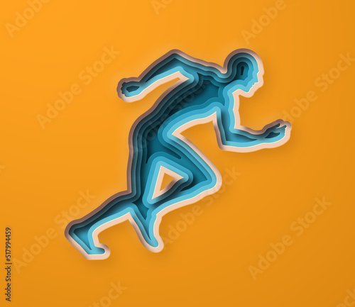 Realistic 3D paper cut man running illustration. Layered colorful male run pose silhouette cutout for sport race, healthy lifestyle or jog workout concept.
