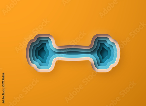 Realistic 3D paper cut dumbbell weight illustration. Layered colorful gym barbell symbol for lifting sport, healthy lifestyle or bodybuilder workout concept.