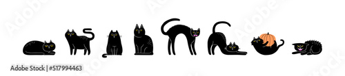 Set of halloween black cat animal cartoon illustration. Funny hand drawn witch cats collection on isolated background. 