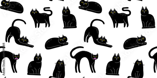Funny black cat animal seamless pattern cartoon illustration. Cute hand drawn halloween cats texture, creepy witch pet background. 