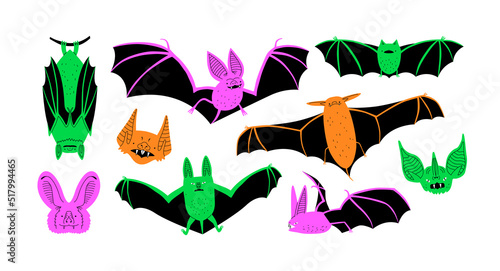 Colorful bat animal cartoon illustration set. Modern scary creature doodle of vampire bats on isolated background. Halloween animals decoration or wildlife concept graphic.