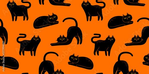 Funny black cat animal seamless pattern cartoon illustration. Cute hand drawn halloween cats texture, creepy witch pet background. 