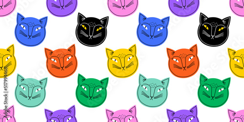 Funny cat animal cartoon seamless pattern in colorful flat illustration style. Cute kitten pet background, diverse domestic cats wallpaper.