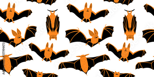 Creepy bat animal cartoon seamless pattern illustration. Scary halloween celebration vampire bats background in modern hand drawn doodle style.