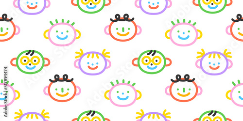 Colorful funny children face doodle seamless pattern. Cute happy kid group, diverse school student background illustration.