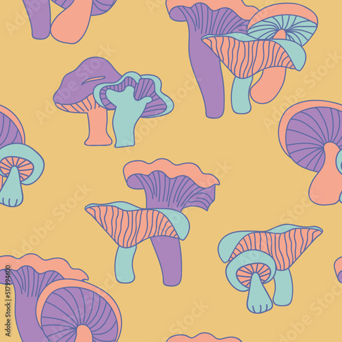 Magic mushroom seamless pattern. Print for textile, wallpaper, covers, surface. For fashion fabric. Retro stylization.