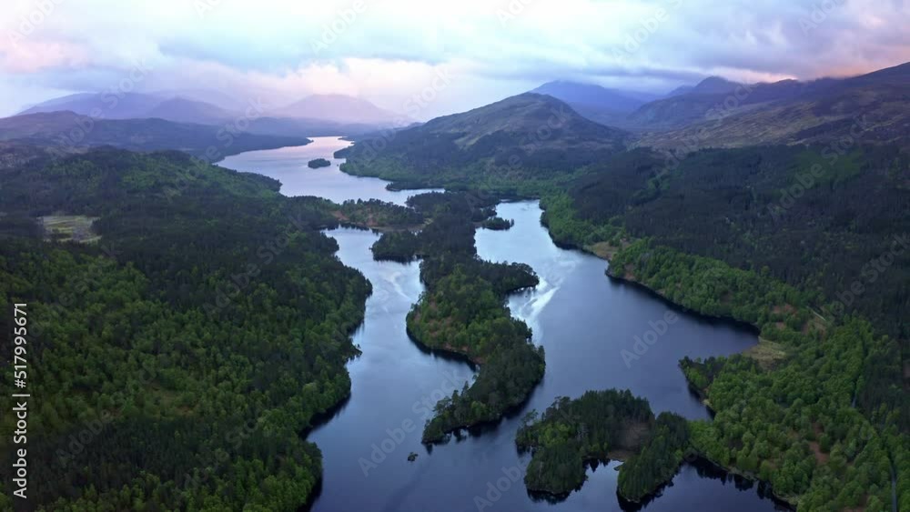 Aerial view of a lake by Glen Affric at sunset, Scotland. Aerial view of a lake by Glen Affric at sunset, Scotland.