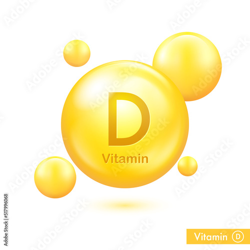 Vitamin D yellow capsule. Vector golden bubble. Vitamin complex for beauty treatment nutrition skin care. Medical and scientific theme. 3d realistic vector EPS10