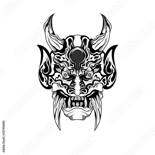 Hand drawn black and white tattoos artwork devil satan mask oni demon horn vector Illustration