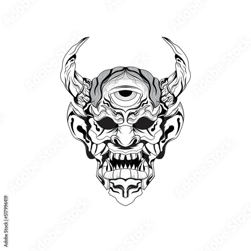 Hand drawn black and white tattoos artwork devil satan mask oni demon horn vector Illustration