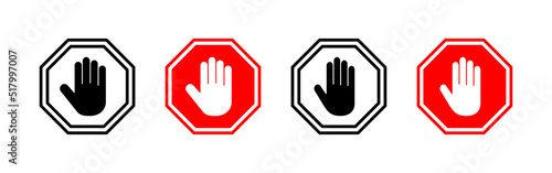 Stop icon vector. stop road sign. hand stop sign and symbol. Do not enter stop red sign with hand