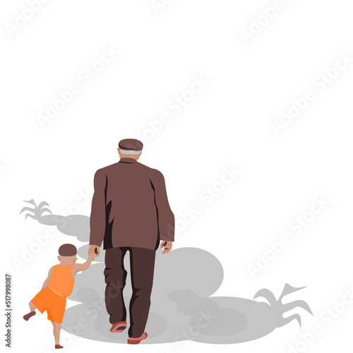 Back side of Old man and child are walking together on white background.Grandpa and grandson are standing.Flat style modern vector illustration isolated concept  for 2 generations are support together