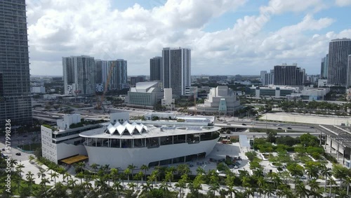 Aerial View of Downtown Miami, Dade County, Traffic on Causeway, Frost Science Museum, Opera House and Concert Hall Buildings, Drone Shot photo