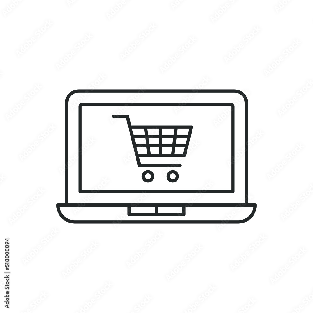 Shopping cart on laptop screen. E-commerce, online shop icon line style isolated on white background. Vector illustration Shopping cart on laptop screen. E-commerce, online shop icon line style isolated on white background. Vector illustration