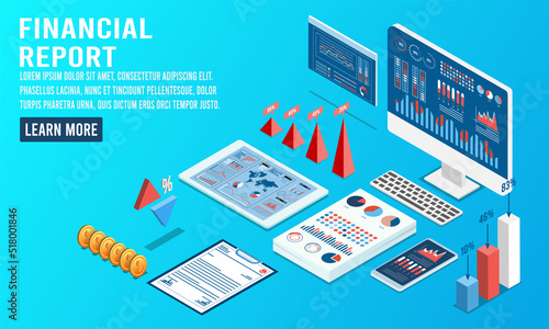 3d isometric Financial report with diagrams, graphs, financial analytic and Business Infographic elements on screen laptop. Vector illustration eps10