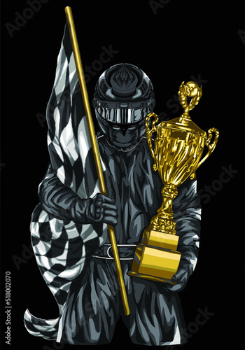 winner racing driver isolated on black background for poster, t-shirt print, business element, social media content, blog, sticker, vlog, and card. vector illustration.