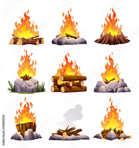 Bonfire sets in different types. Collection of campfire cartoon illustration