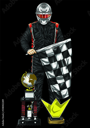 winner racing driver isolated on black background for poster, t-shirt print, business element, social media content, blog, sticker, vlog, and card. vector illustration.