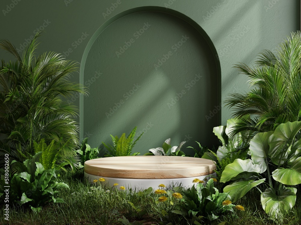 Wooden podium in tropical forest for product presentation and green background. - obrazy, fototapety, plakaty 