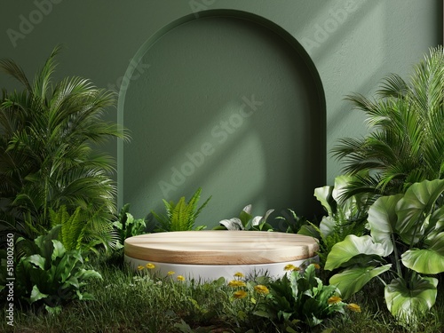 Wooden podium in tropical forest for product presentation and green background. photo