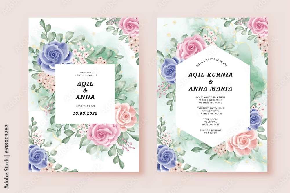 Wedding Invitation Cards Template Set Of Watercolor Floral Illustration