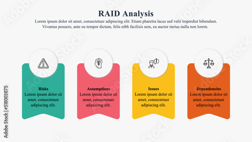 Infographic presentation template of RAID Analysis with icons and text space.