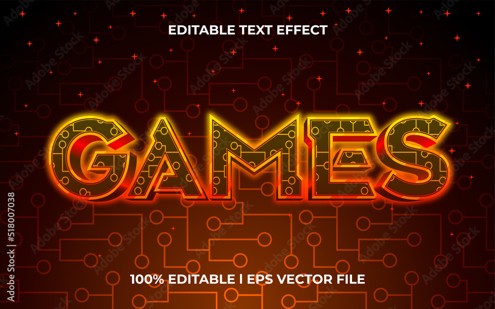 games 3d text effect with cyber theme. red typography template for modern tittle