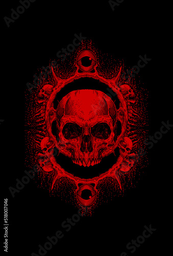 Skull head with human skeleton bloody genie circle artwork illustration