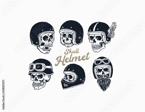 Set of vintage Skull with retro motorcycle helmet