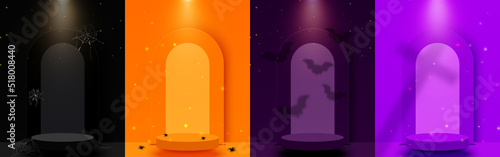 Set of Halloween scene background with 3d circle podium stage for product display, show base.