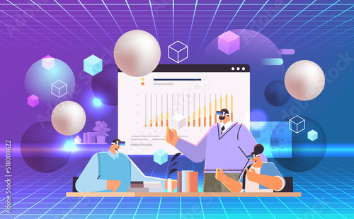 businesspeople in virtual reality glasses analyzing financial data on charts and graphs during conference meeting