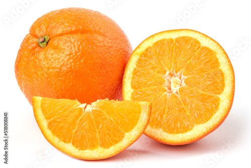 front view fresh sliced orange isolated on white background ripe mellow fruit juice color citrus tree citrus, Whole and sliced ripe oranges placed on white background, half orange fruit isolated.