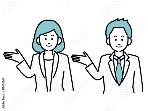 右手で方向を示し案内や紹介をするスーツの男女のイラスト素材セット