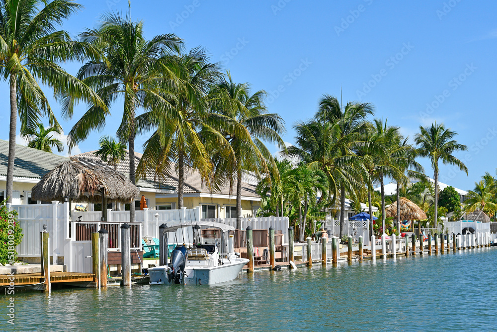 Palm trees lining the waterfront with docks at Marathon Key in the Florida Keys