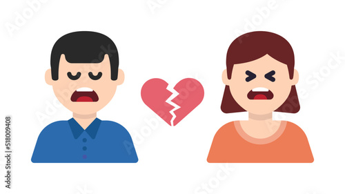 Divorce concept with unhappy couple character vector banner. Man and woman breakup with broken heart symbol illustration.