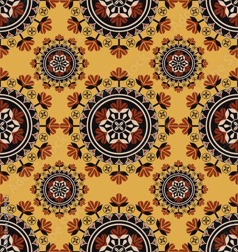 Vector African ethnic circle flower shape seamless pattern on yellow color background. Use for fabric, textile, interior decoration elements, upholstery, wrapping.