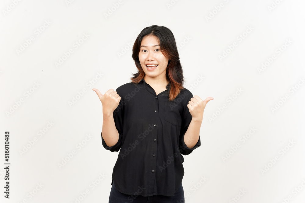 Showing and Pointing Two Product With Thumbs of Beautiful Asian Woman Isolated On White Background