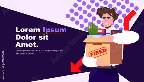 unhappy business man holding cardboard box with things you are fired dismissal unemployment jobless employee job reduction