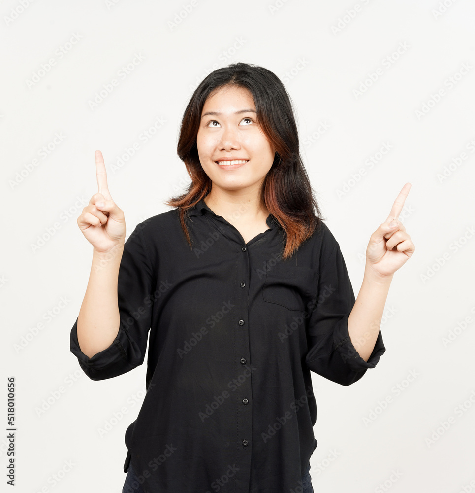 Showing Product and Pointing Up of Beautiful Asian Woman Isolated On White Background Showing Product and Pointing Up of Beautiful Asian Woman Isolated On White Background