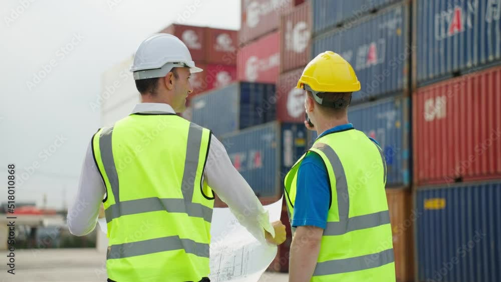 Two Caucasian businessman worker work in container terminal together. Two Caucasian businessman worker work in container terminal together.