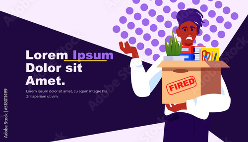 unhappy business man holding cardboard box with things you are fired dismissal unemployment jobless employee job reduction
