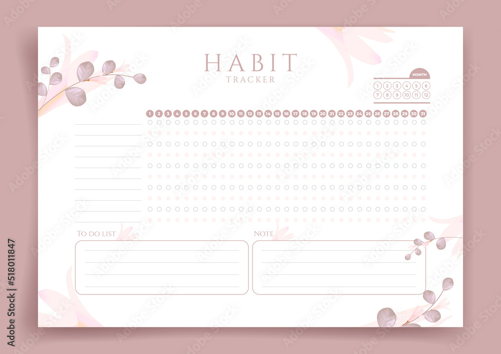 Habit tracker. Monthly planner. Monthly planner habit tracker blank template. Vector illustration. Minimal style. Clean style. Daily to do.