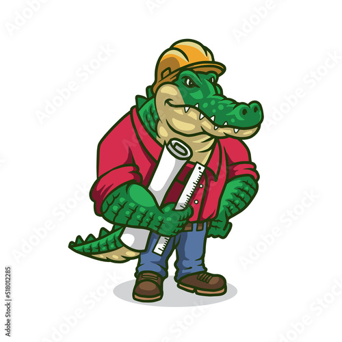 Crocodile mascot with helmet construction cartoon premium vector